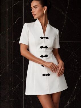 Commense Frog Button V Neck Mini Dress